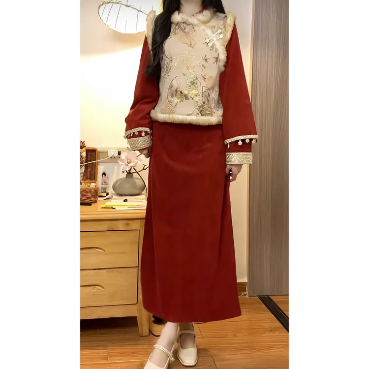 大码秋冬复古文艺民国风加绒灯芯绒旗袍马甲新中式少女改良连衣裙