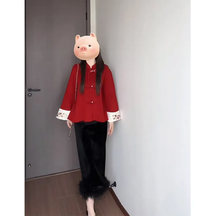 大码秋冬新款显白复古红新中式国风高级感外套半身裙别致洋气穿搭