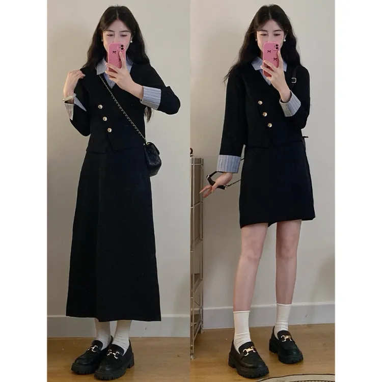 大码女装胖mm秋新款洋气高级感撞色条纹衬衣西装外套两件套装裙