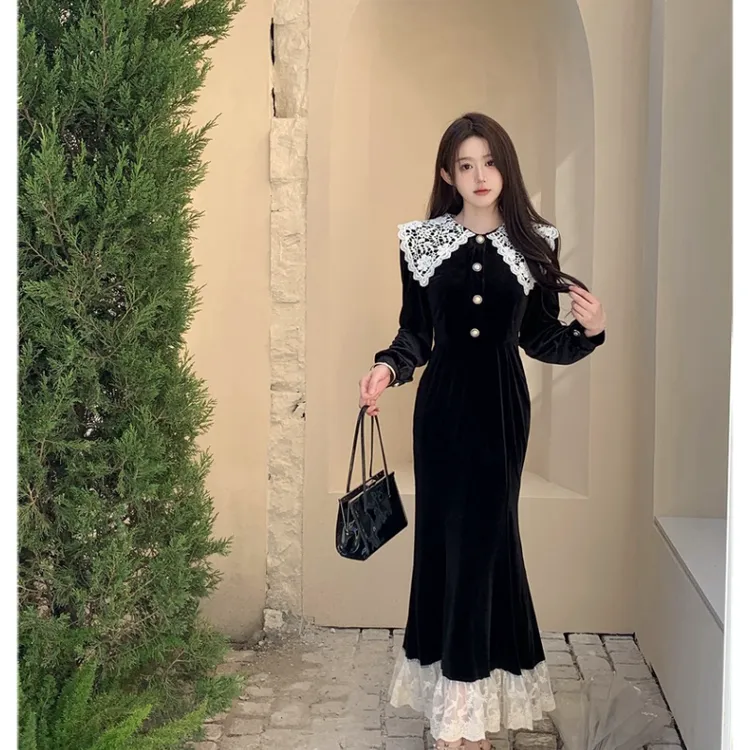 大码女装秋季新款法式胖MM甜美气质娃娃领收腰气质连衣裙鱼尾裙