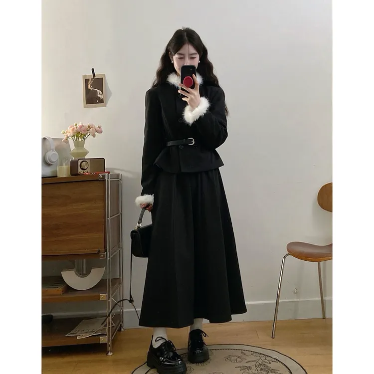 大码女装秋冬小香风千金感夹棉外套百褶半身裙女胖MM藏肉显瘦穿搭