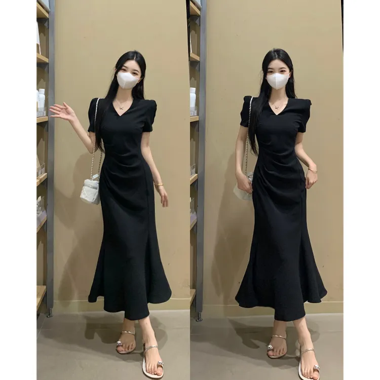大码女装2024夏季新款时尚气质高级感V领泡泡袖修身显瘦鱼尾裙