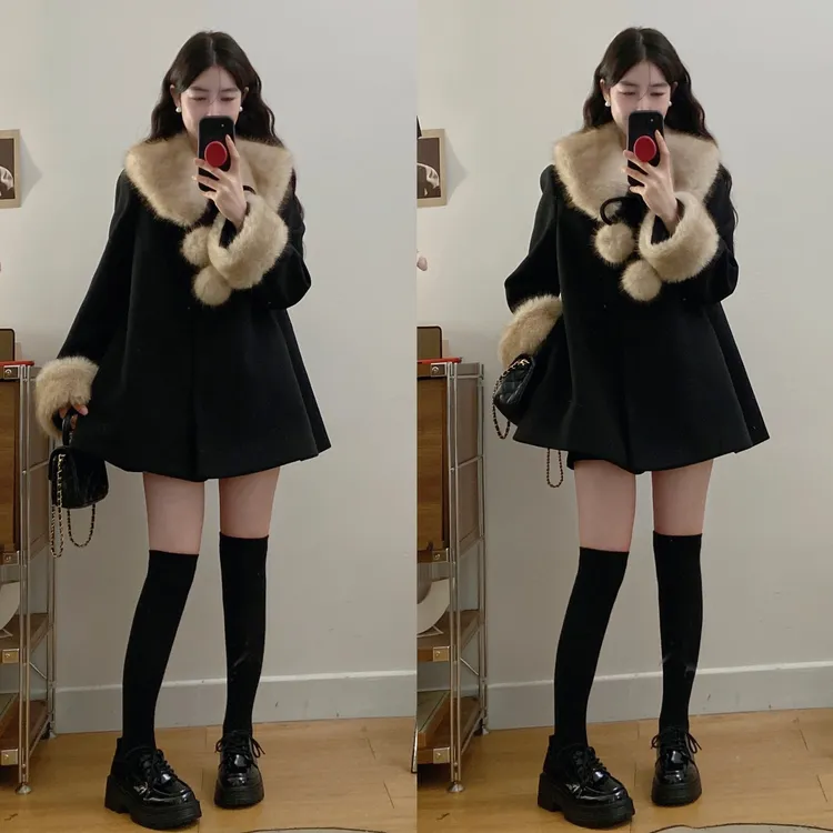 大码秋冬新款拼接黑色毛绒领外套女韩系复古法式气质夹棉毛呢大衣