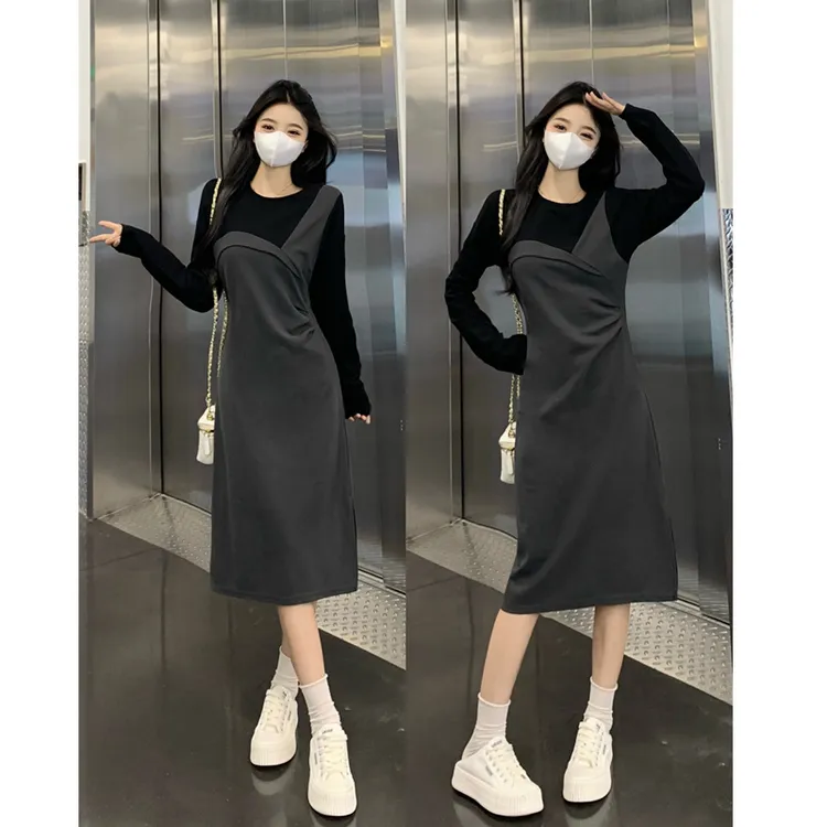 大码撞色拼接女连衣裙2024秋款设计感显瘦长袖连衣裙洋气小裙子