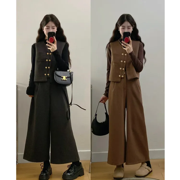 大码秋冬新款高级感显瘦休闲洋气打底衫马甲阔腿裤气质法式穿搭