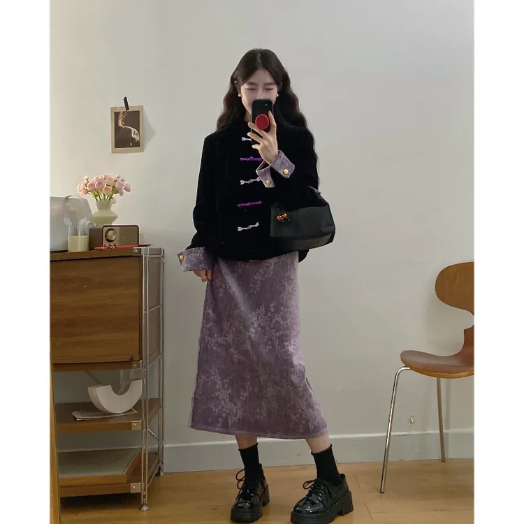 大码2025秋冬新款国风新中式拼色上衣紫色长半身裙高级感气质穿搭