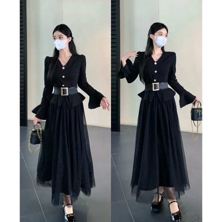 大码女装2024秋冬新赫本风灯笼袖上衣网纱拼接半身裙高级感套装裙