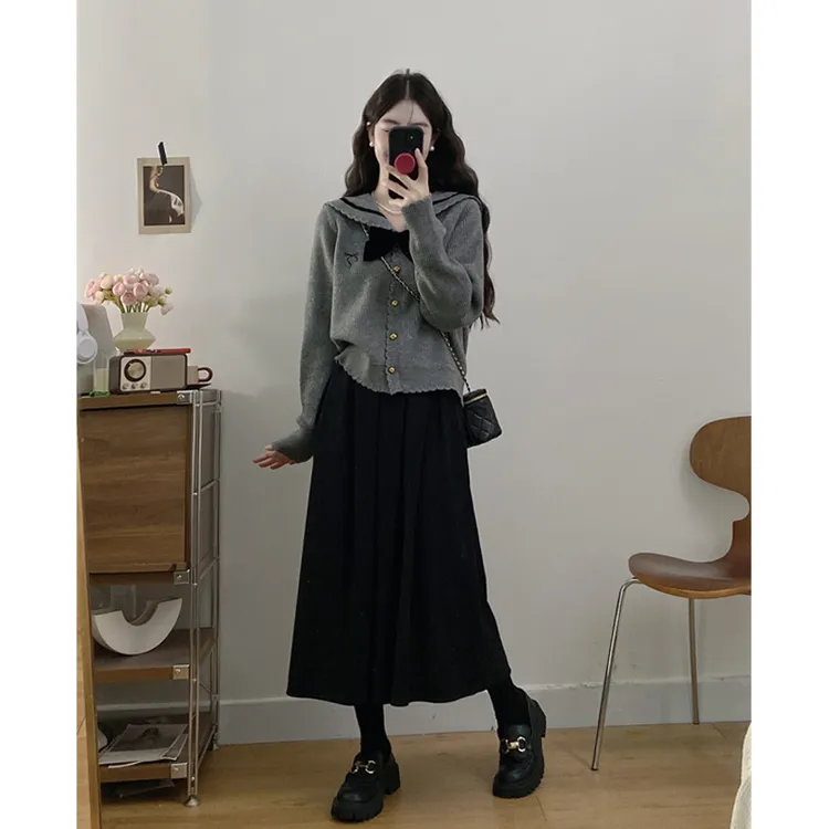 大码学院风针织开衫外套海军领蝴蝶结毛衣百褶半身裙减龄法式穿搭