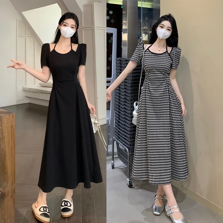 大码2025夏季新款法式复古小众设计高级感千鸟格显瘦挂脖连衣裙