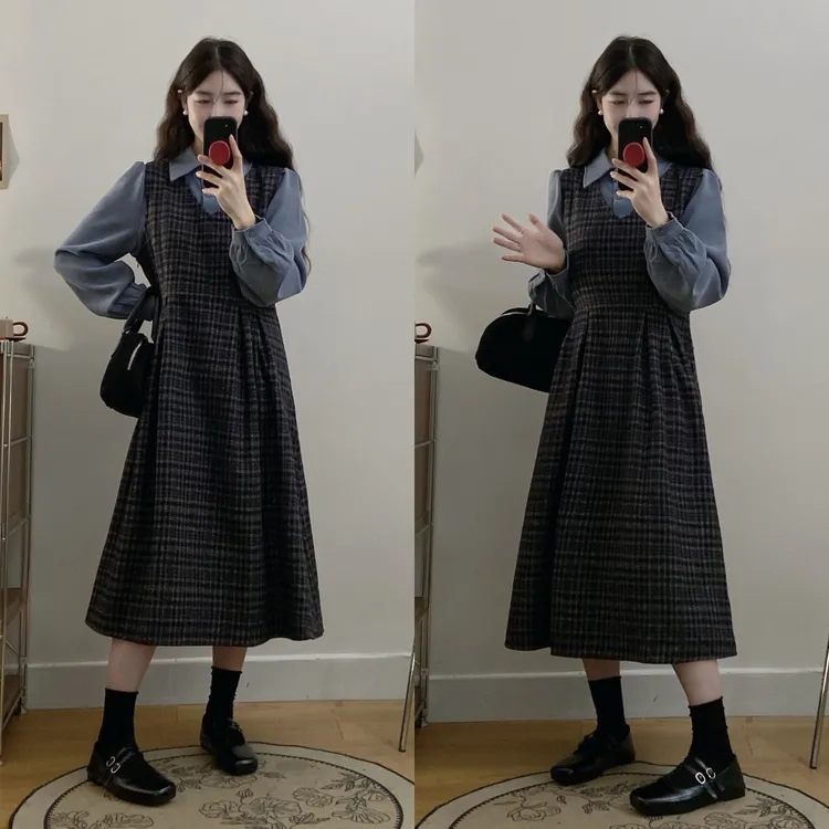 大码秋冬季新款法式复古学院风格纹拼接收腰显瘦假两件气质连衣裙