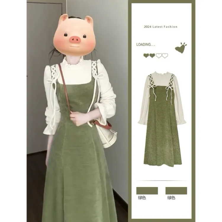 大码【绿光森林】秋冬法式复古假两件木耳边领连衣裙气质绿色长裙子