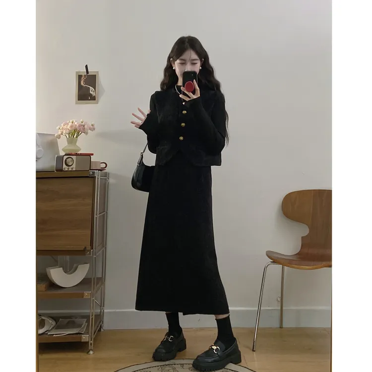 大码秋冬新款高级感时尚修身显瘦打底衫丝绒马甲半身裙洋气穿搭