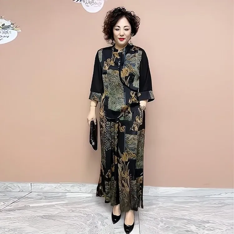 H夏季爆款高档桑蚕丝贵夫人气质显瘦复古减龄妈妈装休闲时尚款套