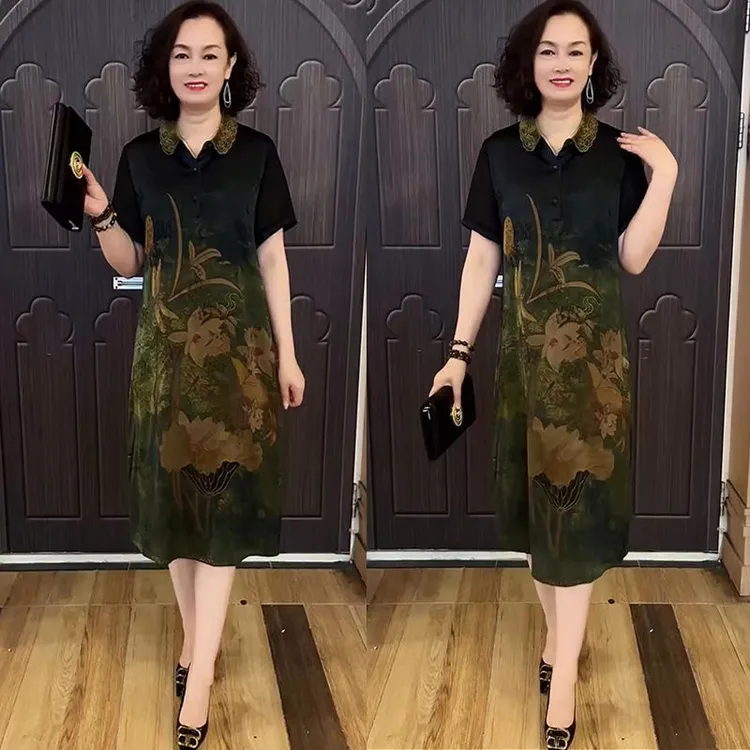 H夏季爆款中年妈妈大码连衣裙宽松遮肚复古旗袍裙气质洋气印花裙