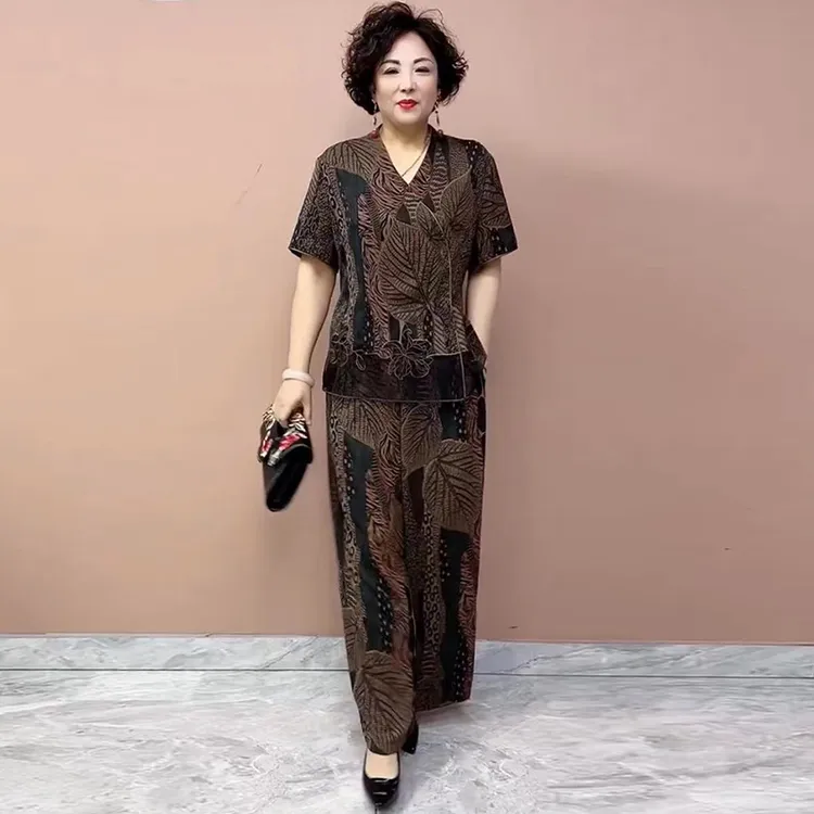 H夏季爆款洋气妈妈装宽松加大码显瘦减龄短款上衣高腰阔腿两件套