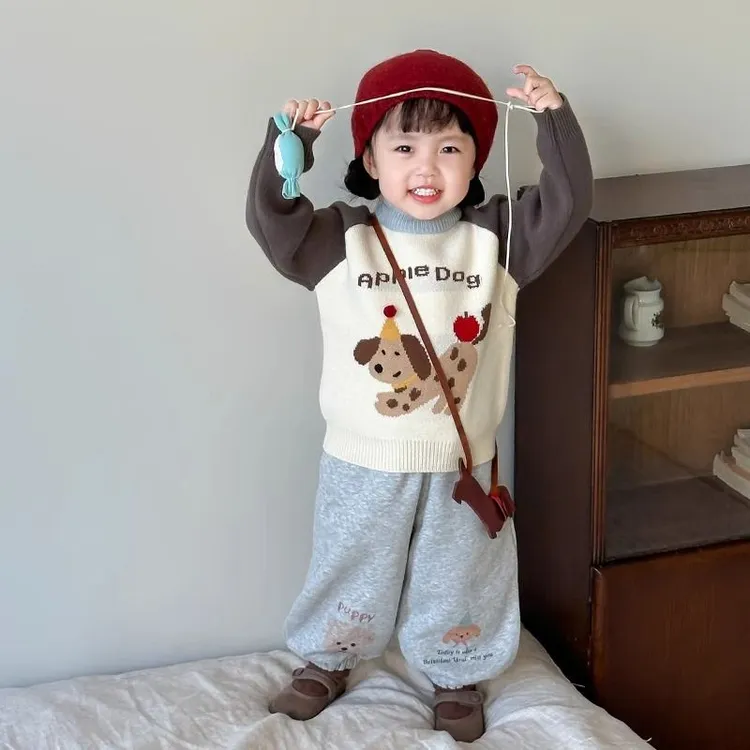 加绒儿童毛衣休闲卡通加厚韩版圆领套头男女童针织上衣秋冬季