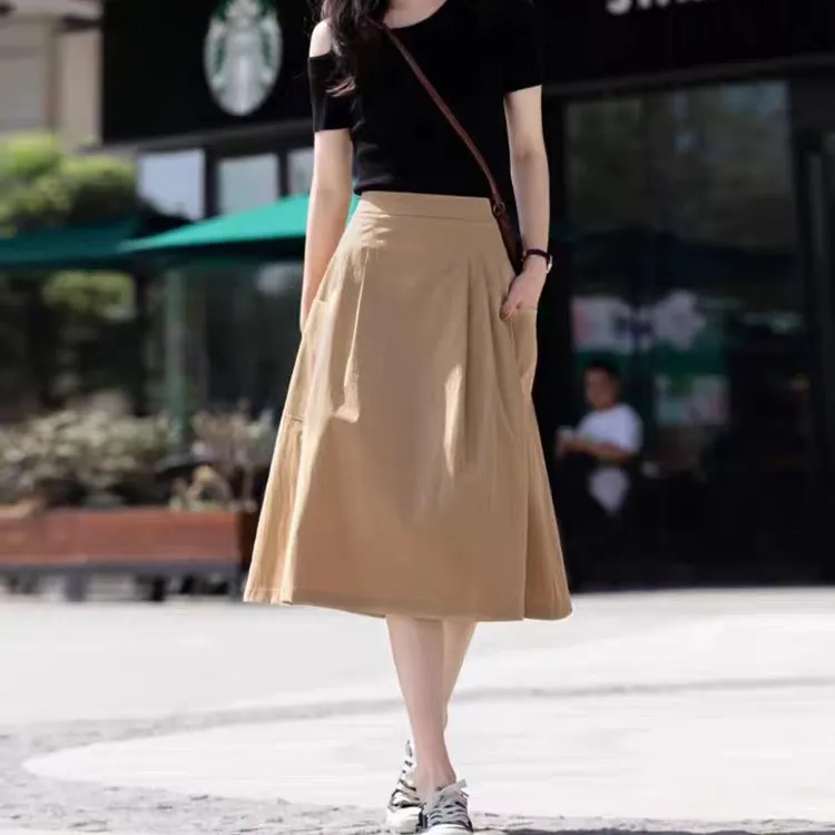 2024夏季款a字高腰半身裙时尚休闲中长款大口袋工装裙卡色裙子