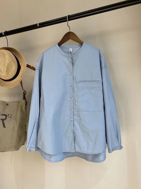 【极简风高密棉衬衫 百搭B入】高品质文艺范纯棉圆领宽松衬衣女装