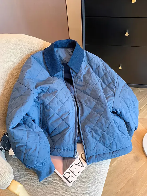 复古时尚潮流设计感宽松菱格POLO领棉衣男女秋冬季小众保暖外套潮