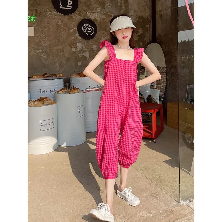 粉色格子吊带连体裤女夏季2025新款韩版宽松减龄背带裤束脚工装裤