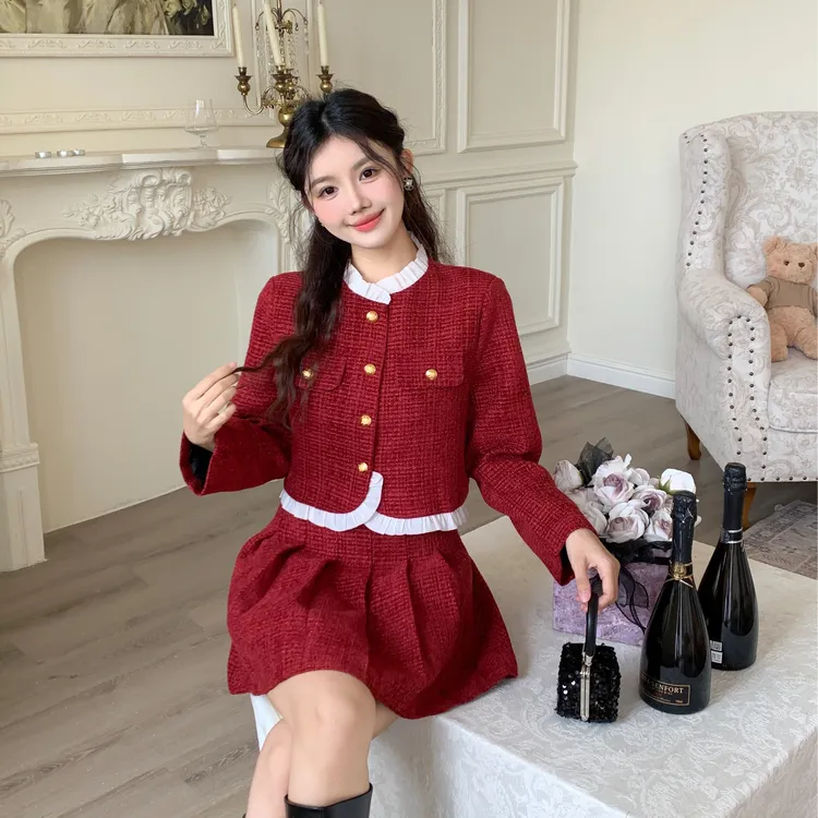 加厚加棉冬装轻奢高级小香风上衣套装裙红色外套过年网红名媛短裙