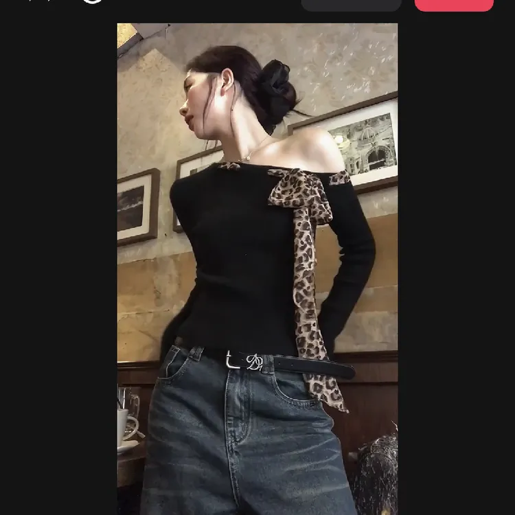 秋季复古显瘦斜肩针织豹纹织带绑带设计毛衣