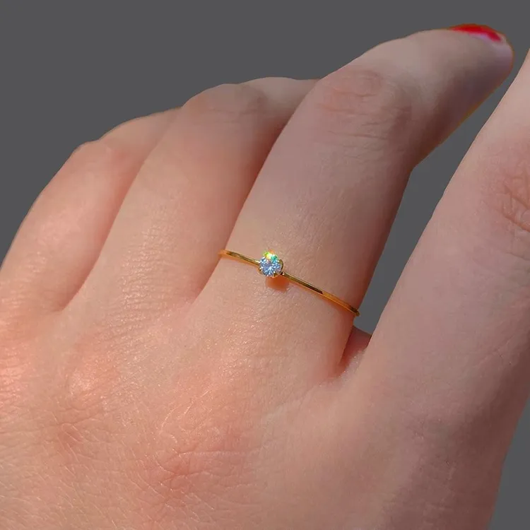 钛钢合成锆石戒指 洗手免摘！超闪极细锆石金戒指女素圈简约戒子
