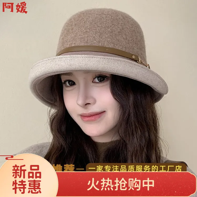 网红韩系羊毛渔夫帽子女秋冬时尚气质百搭保暖针织帽感护耳盆帽潮