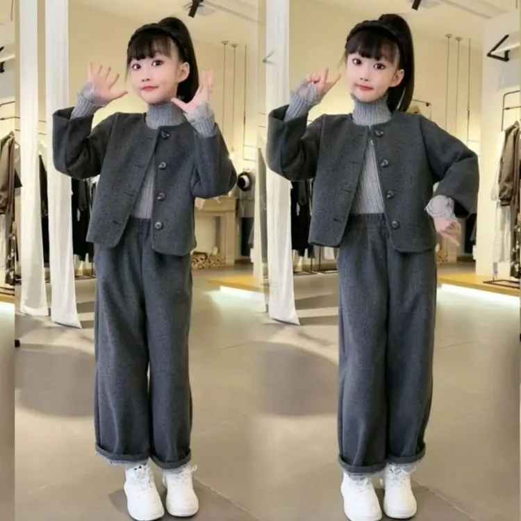 Y女童秋冬套装2025新款秋装中大童韩版洋气时髦呢子外套儿童秋冬