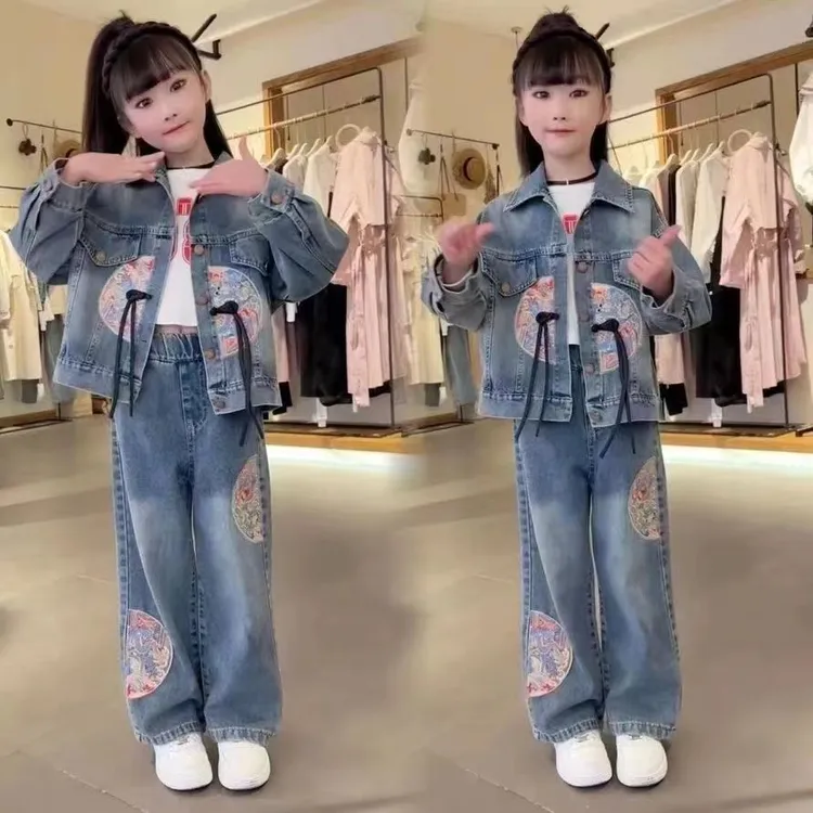 Y女童国风牛仔套装春秋款2025新款中大童洋气儿童新中式国潮两件