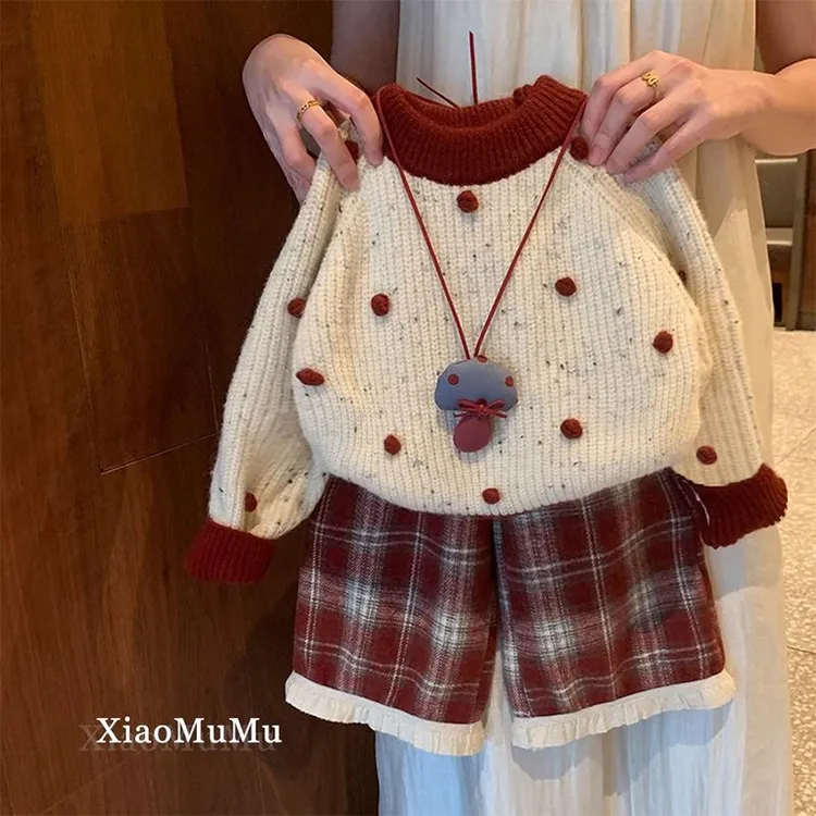 Y女童2025新款秋冬套装毛球拼接厚毛衣格纹花边加绒阔腿裤时髦洋