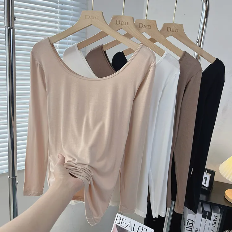 肤色打底衫女长袖秋冬大领内搭紧身秋衣女上衣隐形打底薄款莫代尔