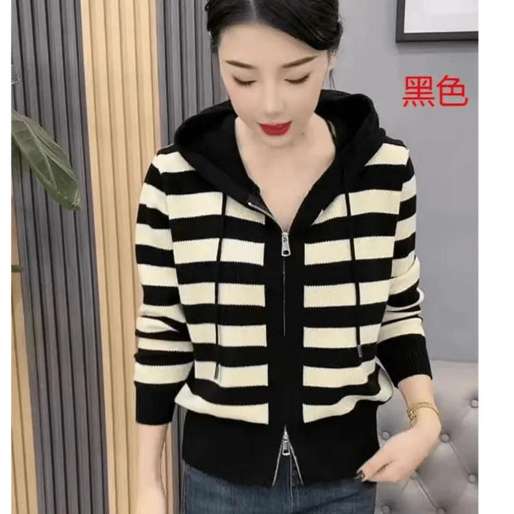 2025秋季网红新款时尚条纹设计百搭休闲通勤连帽拉链针织衫妈妈装