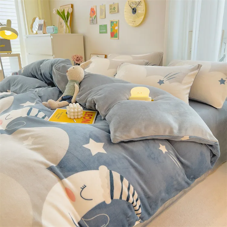 秋冬季加厚牛奶绒床上四件套珊瑚绒被套双面法兰绒加绒床单三件套