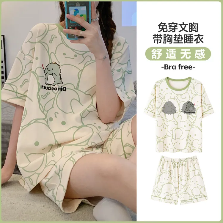 带胸垫睡衣女士夏季短袖网红款可外出夏天趣味洋气家居服2025爆款