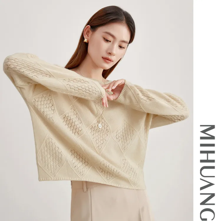 25秋冬一字圆领镂空山羊绒桑蚕丝宽松长袖女衫545471