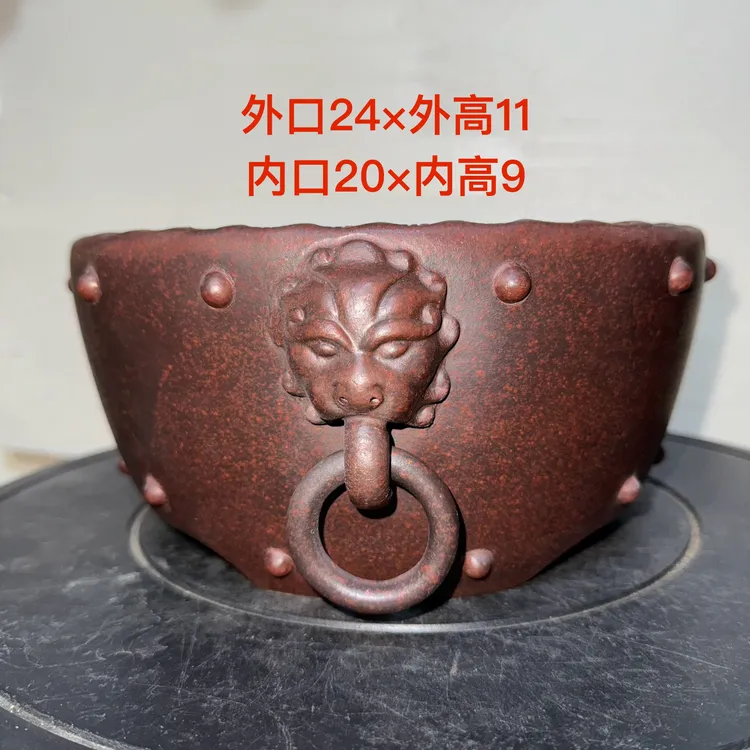 精品宜兴紫砂大盆景盆圆形系列福字兽面龙头活环圆口室内中式包邮