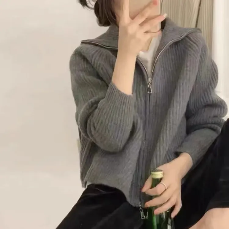 【匠心工艺】女纯色拉链竖坑条开衫外套网红百搭【活动只有一天】秋冬