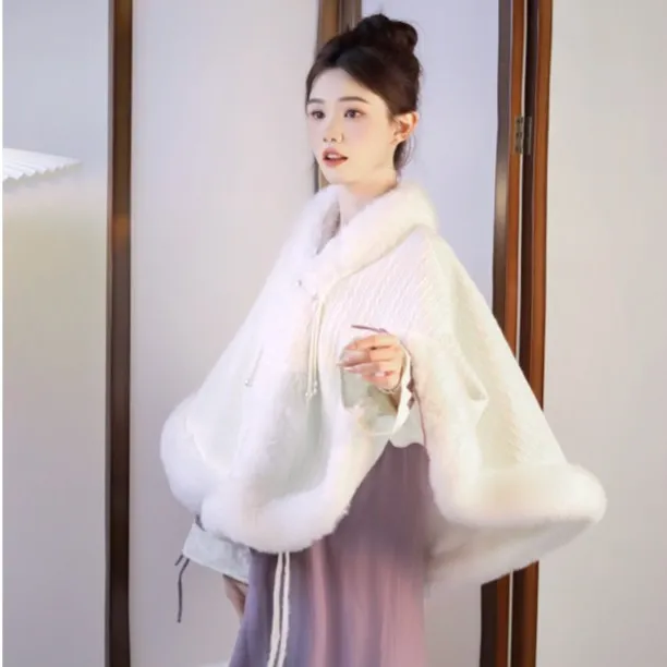 瑶西【加绒百搭国风斗篷】大毛领厚实仿兔毛交领秋冬汉元素国风斗篷