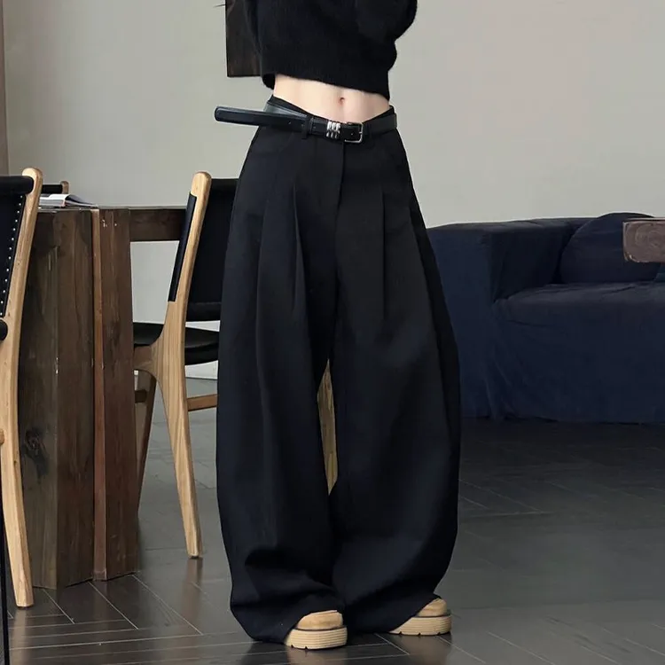 高腰阔腿裤女2025新款春秋款宽松拖地直筒裤天丝羊毛黑色西装裤子