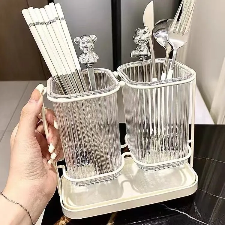 轻奢筷子筒双层沥水置物架透明筷子收纳盒厨房家用新款筷笼免打孔