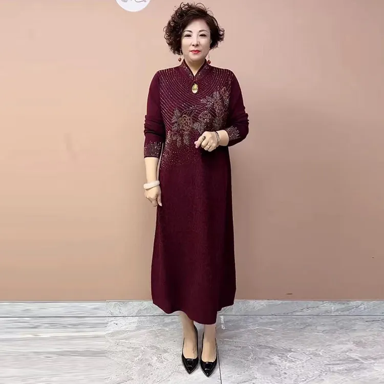春秋长袖水滴领套头喜婆婆秋冬旗袍改良连衣裙针织长裙旗袍打底裙