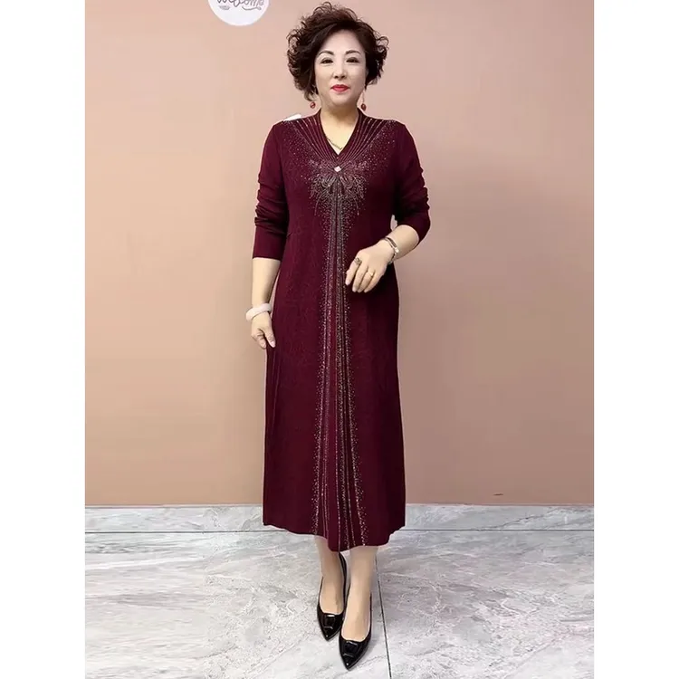 高端重工烫钻针织妈妈打底时尚连衣裙婚宴礼服针织女款气质服装