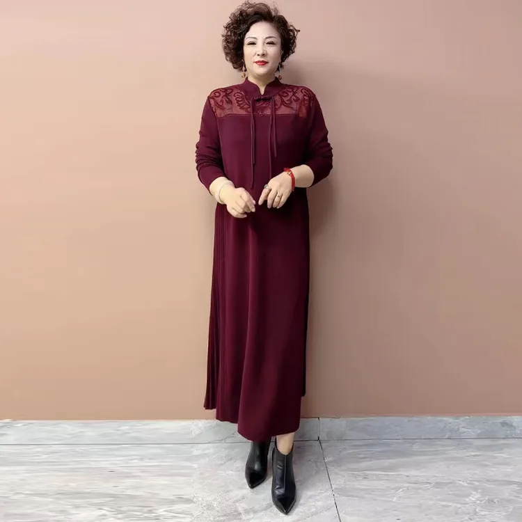 春秋立领改良旗袍妈妈秋冬连衣裙长袖针织复古提花打底女款145