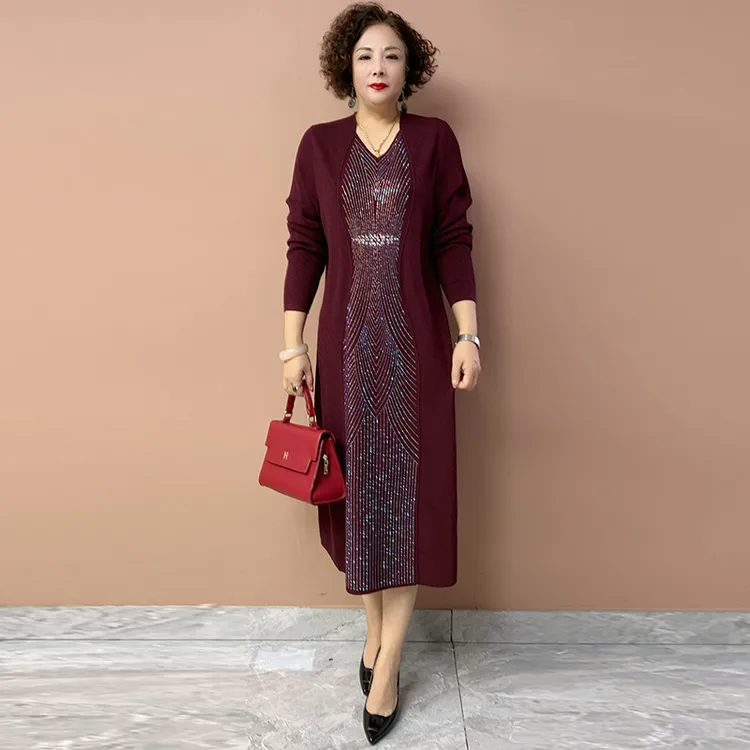 高端重工烫钻打底冰麻针织婚宴礼服V领长款连衣裙高档阔太太女装