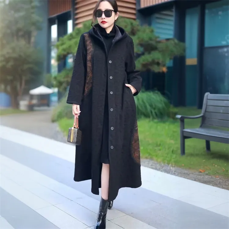 冬季加厚连帽加绒保暖气质长款国风提花洋气大码中年妈妈风衣外套