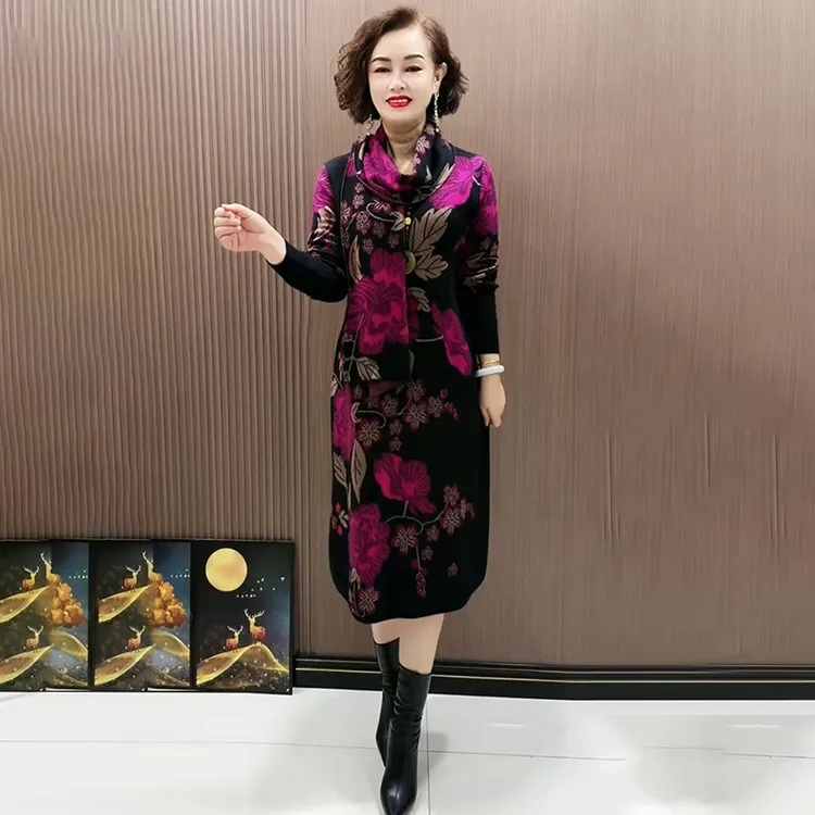 长袖带围巾V领连衣裙花色套头针织气质优雅大码宽松妈妈打底裙春