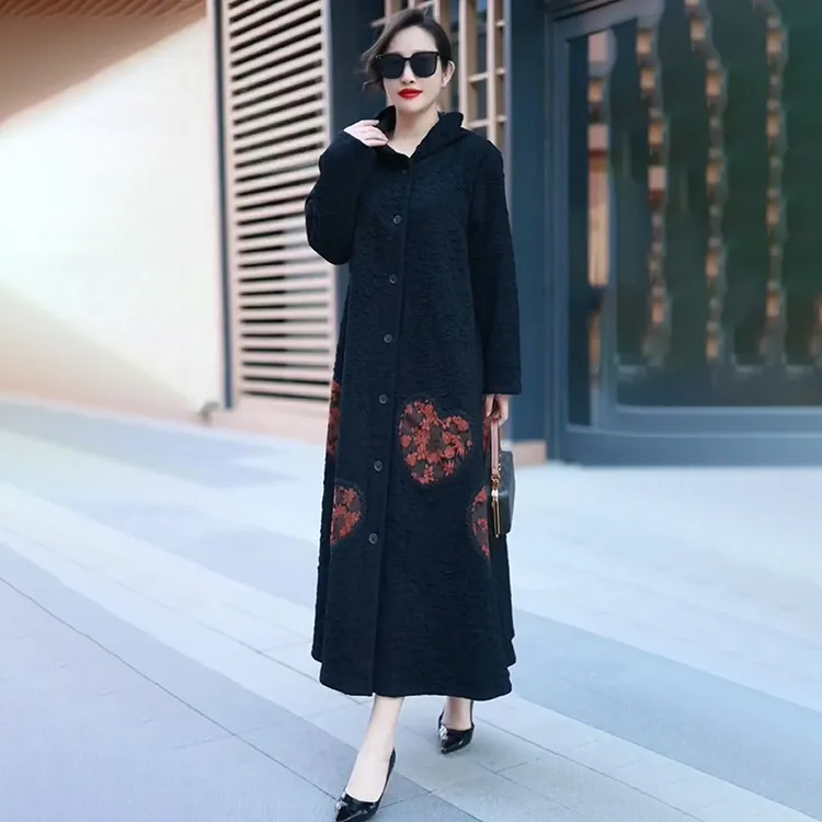 冬季妈妈中年外套保暖风衣撞色立领国风大码气质加厚盘扣长款加绒