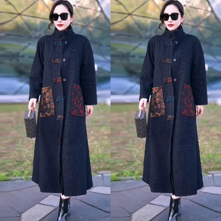 冬季加厚立领加绒保暖气质长款国风盘扣大码中年妈妈撞色风衣外套