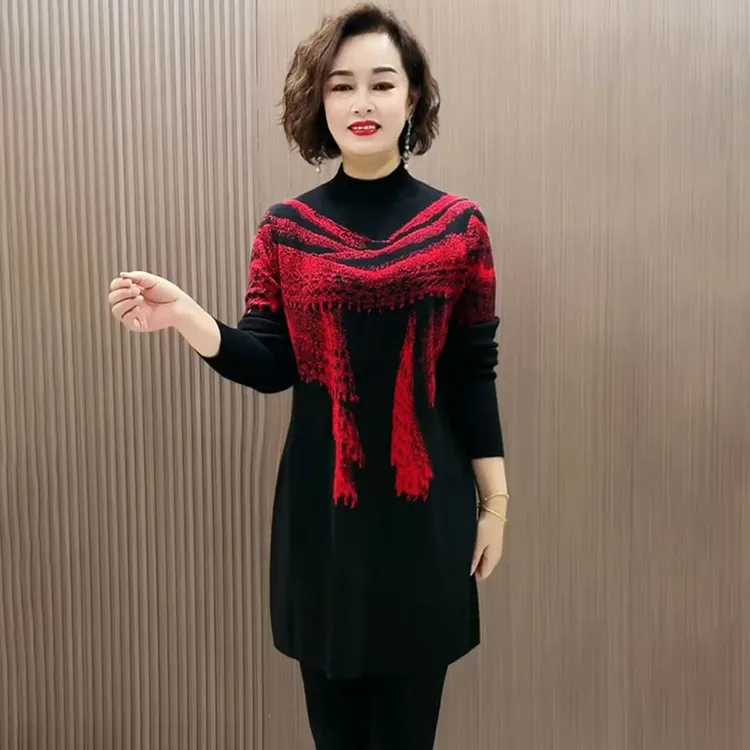 精品秋冬中长款针织连衣裙女时尚洋气宽松显瘦加厚拼色打底毛衣裙